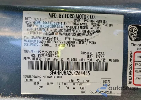 2012 Ford Fusion Se z USA, uszkodzony, nr VIN 3FAHP0HA2CR264455